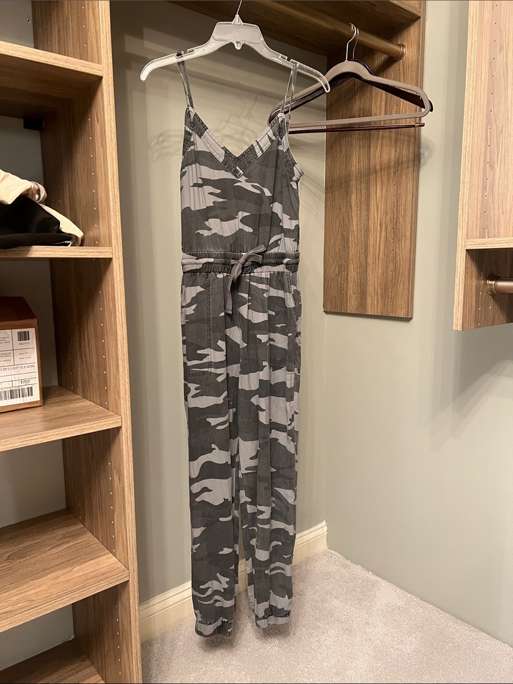 Splendid Gray Camo Spaghetti Strap V-Neck Jumpsuit with Drawstring